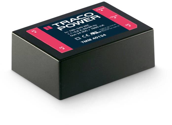 Convertisseur AC/DC de 'TRACO POWER' avec spécifications techniques sur l'étiquette.