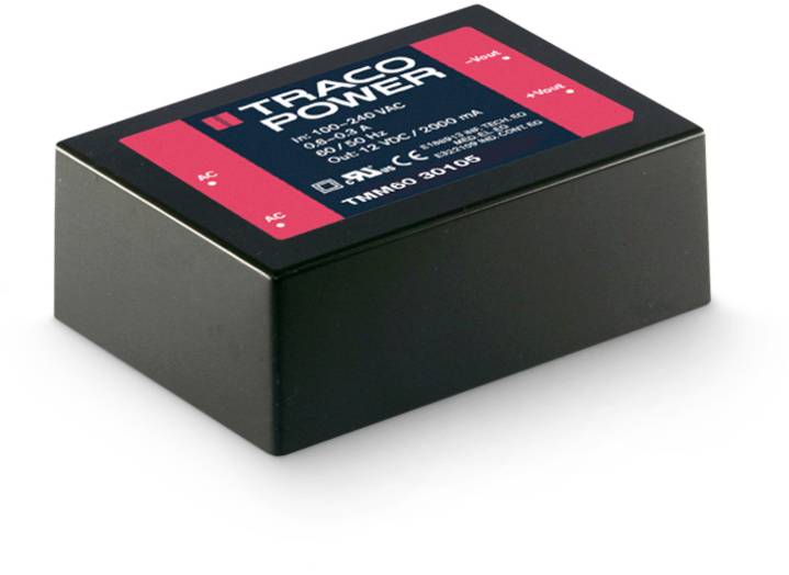 Un bloc d'alimentation Traco Power noir sur un fond blanc. Il affiche des spécifications techniques sur une étiquette située en haut de l'appareil.