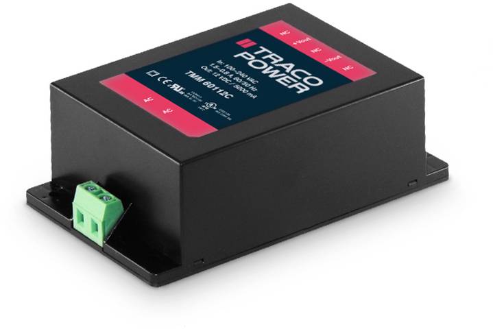 Boîtier de convertisseur de puissance Traco noir avec bornier de connexion vert.