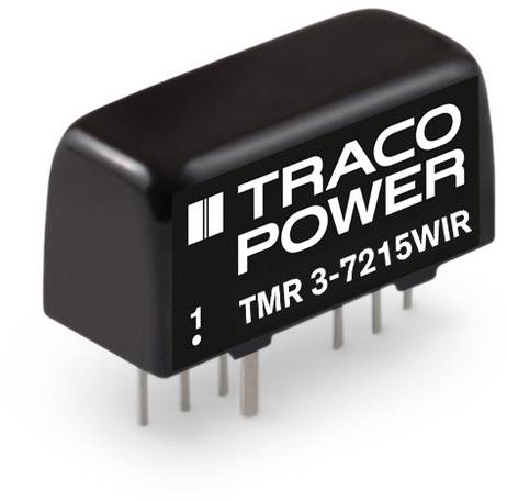 Module Traco Power TMR 3-7215WIR noir avec broches argentées, pour applications électriques, nom de marque et numéro de modèle imprimés.