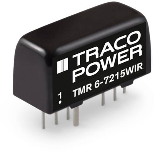 Un adaptateur de composant électronique noir de Traco Power, modèle 'TMR 6-7215WIR', doté de plusieurs broches métalliques.