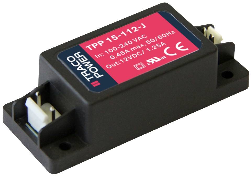 'TRACO POWER TPP 15-112-J' Convertisseur de tension, Entrée : 100-240V CA, Sortie : 12V CC, 1,25A, boîtier rectangulaire noir.