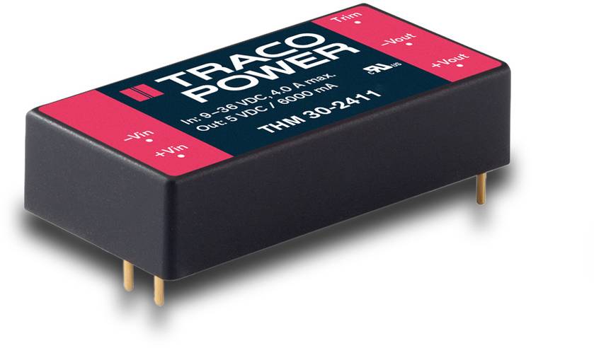 Un composant électronique de TRACO POWER, modèle THM 30-2411, présente ses broches d'entrée et de sortie. Adapté pour une entrée de 36 VDC, une sortie de 5 VDC.