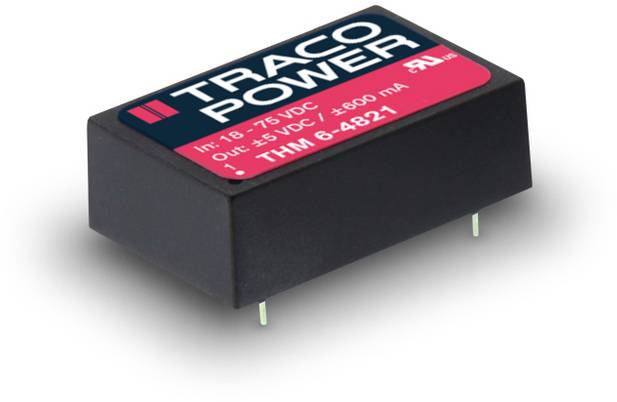 Convertisseur de tension continue 'Traco Power', Entrée : 18-75 VDC, Sortie : ±5 VDC, ±600 mA, Modèle : THM 6-4821, boîtier noir avec deux broches de connexion.