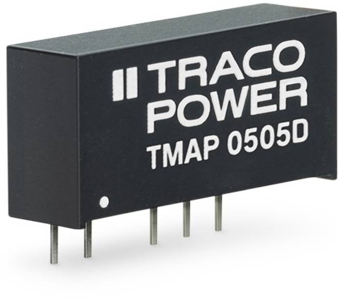 Convertisseur de tension TRACO POWER TMAP 0505D noir avec cinq broches métalliques.
