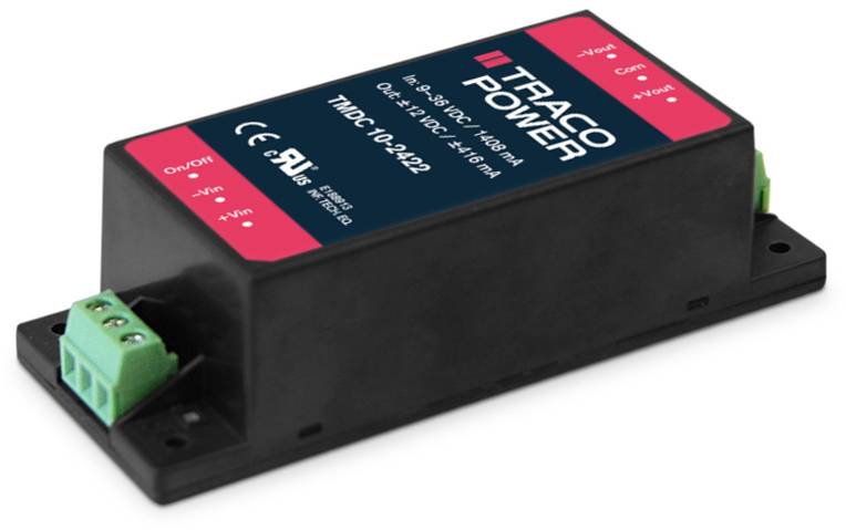 Module d'alimentation Traco Power noir avec bornes vertes, surfaces de détail rouges et inscription '5-36 VDC, 15 W'.