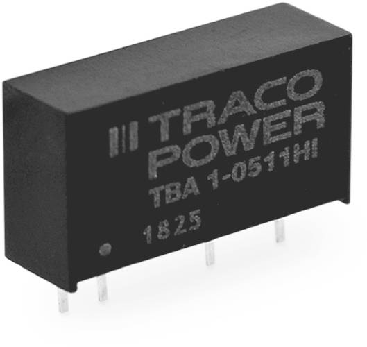 Boîtier rectangulaire noir, mesure, logo TRACO POWER et identification du modèle 'TBA 1-0511HI', quatre broches visibles en bas.