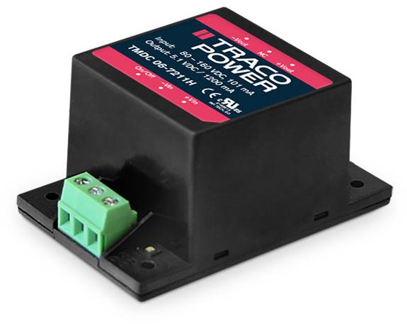 Un bloc d'alimentation électrique noir avec étiquette Traco Power, bornes de connexion vertes et spécifications techniques sur le dessus.