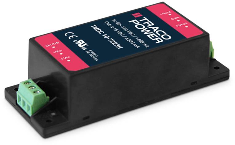 Module convertisseur de courant avec bornes vertes. Marqué 'TRACO POWER' et numéro de modèle. Prend en charge une plage d'entrée DC de 9-36V.
