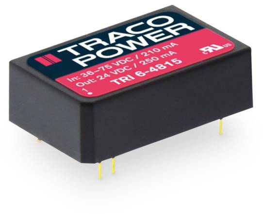 Composant électronique 'TRACO POWER', Entrée : 36-75 VCC, Sortie : 24 VCC, 250 mA. Boîtier noir, marquage rouge et bleu.