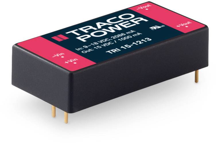 Convertisseur de tension compact de TRACO POWER, modèle 'TRI 15-1213', avec les spécifications suivantes : entrée 9-18 VDC, sortie 15 VDC, 1000 mA.
