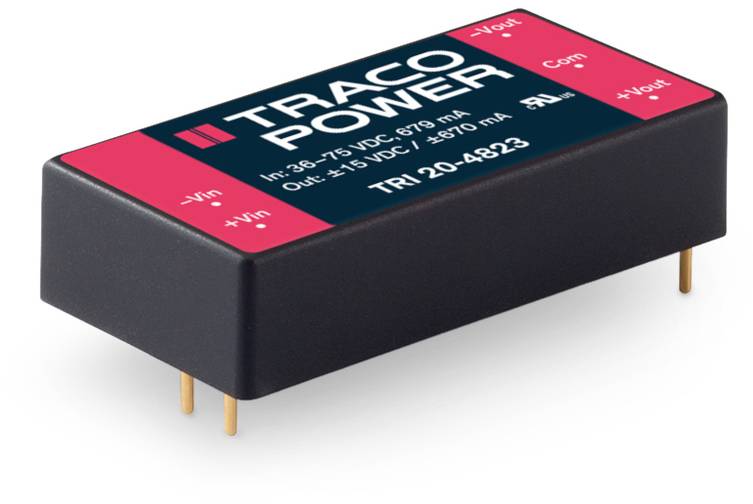 Composant électronique noir portant l'inscription 'TRACO POWER', spécifié pour une tension d'entrée de 36-75 VDC et une sortie de 12 VDC, 20 watts.