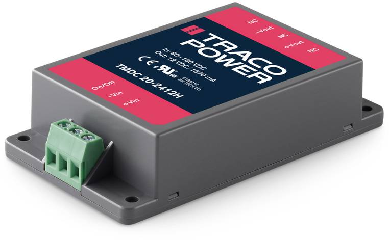 Module convertisseur de tension continue de TRACO Power avec connexions électriques. Modèle TMC 200-4122H, adapté aux applications industrielles.