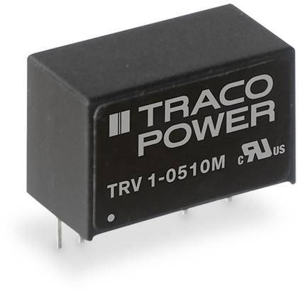 Un module convertisseur de tension Traco Power 'TRV 1-0510M' noir avec quatre broches métalliques à sa base.