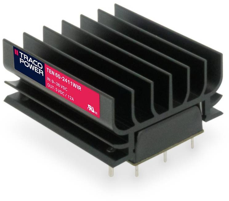 Un dissipateur thermique noir avec le logo rouge de Traco Power. Modèle 'TEN 60-2411WIR'. Adapté pour des tensions de 9-36 VDC, sortie 5 VDC/12 A.