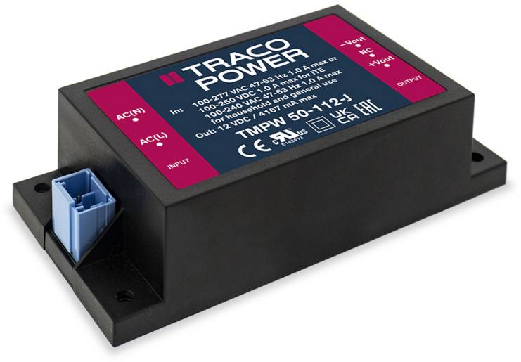 Module d'alimentation Traco Power noir avec connecteur bleu. L'étiquette indique les paramètres d'entrée et de sortie : 'AC 100-277V' et 'DC 12V'.
