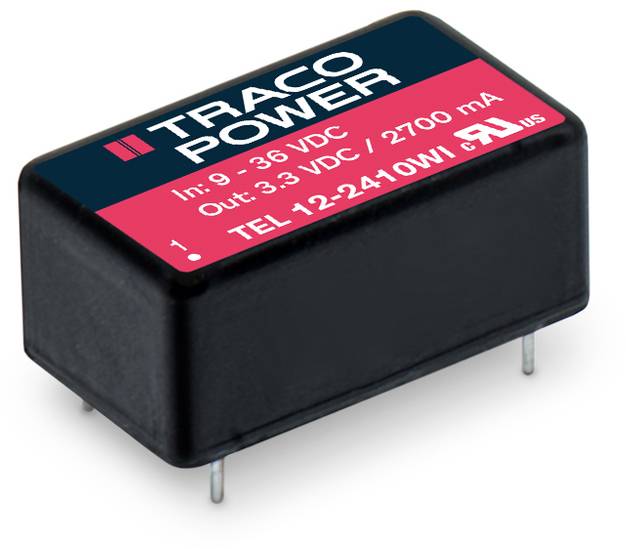 Module d'alimentation Traco Power noir avec l'inscription : « Entrée : 9-36 VDC, Sortie : 3,3 VDC / 2700 mA ». Un petit composant électronique.