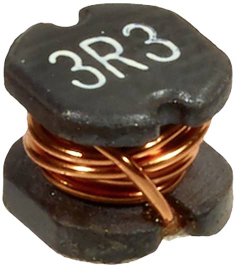 Une petite inductance portant l'inscription '3R3'. Un fil de cuivre est enroulé autour d'un noyau de ferrite. Composant électronique.