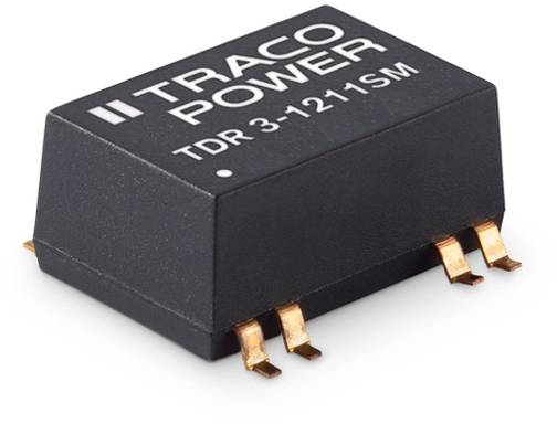 L'image montre un composant électronique noir de la marque 'Traco Power', modèle 'TDR 3-1211SM', doté de plusieurs connexions dorées.