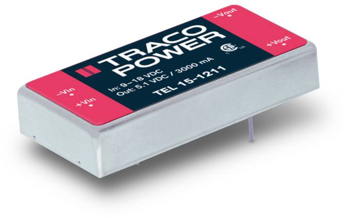 Module de conversion de tension 'TRACO POWER', plage d'entrée 9-18 VDC, sortie 5,1 VDC / 3000 mA, modèle TEL 15-1211.