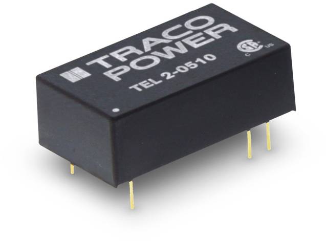 Un petit composant électronique rectangulaire portant l'inscription 'Traco Power TEL 2-0510'. Il possède quatre broches saillantes.