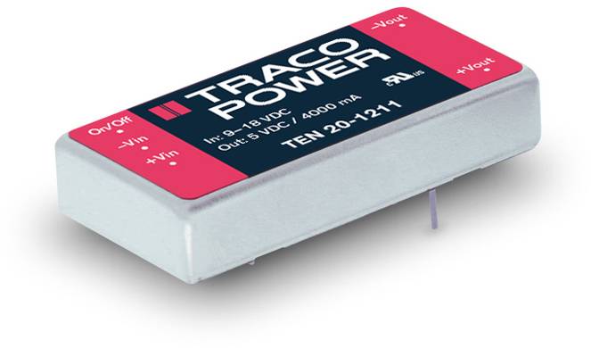 Convertisseur de tension continue de Traco Power, modèle TEN 20-1211, entrée 9-18 VDC, sortie 5 VDC à 4000 mA. Boîtier rectangulaire, étiquette rouge et noire.