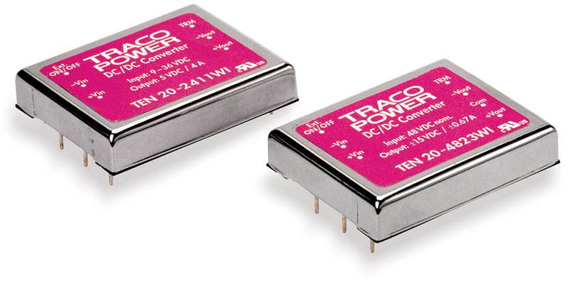 Deux convertisseurs DC/DC TRACO POWER, modèles TEN 20-2411WI et TEN 20-4823WI, sur fond blanc, avec une étiquette rouge.
