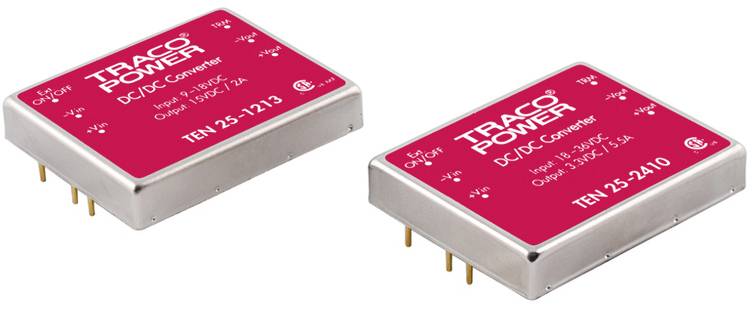 Deux convertisseurs DC-DC Traco Power, modèles TEN 25-1213 et TEN 25-2410, avec des spécifications techniques sur le devant.