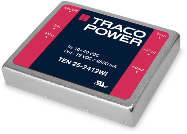 Composant électronique : Module Traco Power TEN 25-2412WI avec fonction marche/arrêt, entrée 10-40 VDC, sortie 12 VDC, 2500 mA.
