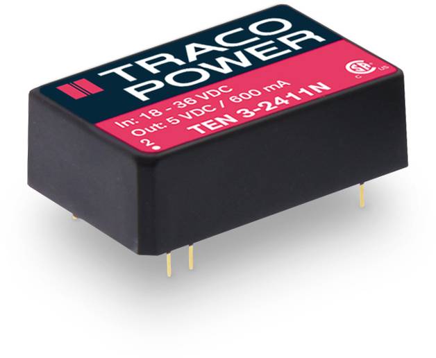 Convertisseur de tension : Traco Power TEN 3-2411N, Entrée : 18–36 VDC, Sortie : 5 VDC/600 mA. Sur boîtier noir avec quatre broches.
