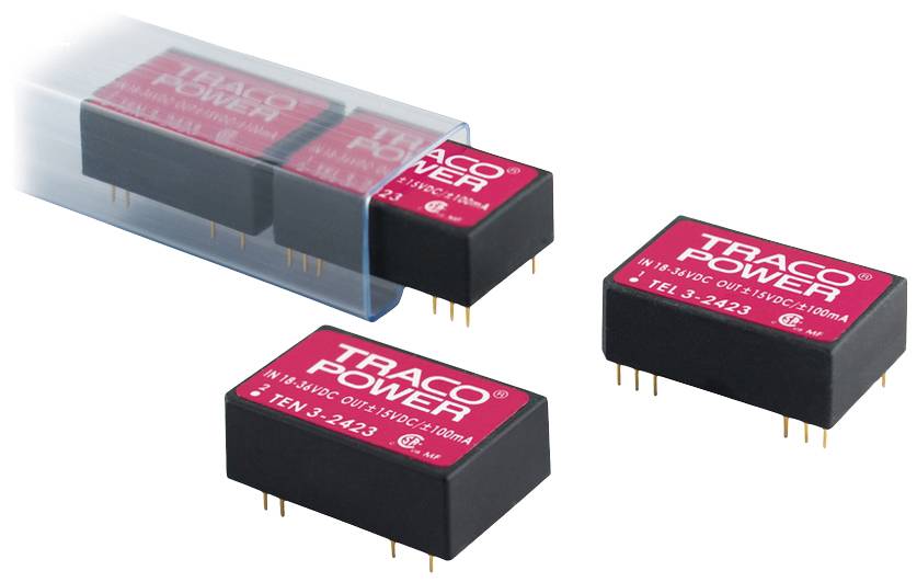 Trois convertisseurs de tension TRACOPOWER avec étiquetage rouge et broches dorées sont disposés devant un boîtier d'emballage bleu ; idéaux pour des projets électroniques.