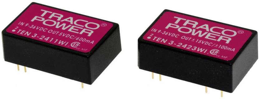 Deux modules de convertisseurs de tension continue TRACO POWER : À gauche '3-2411WI', à droite '3-2423WI'. Les deux ont des spécifications d'entrée et de sortie différentes.