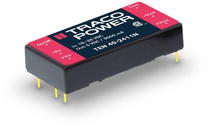 Convertisseur de tension électronique portant l'inscription 'TRACO POWER', montrant la tension d'entrée et de sortie ainsi que l'intensité du courant.