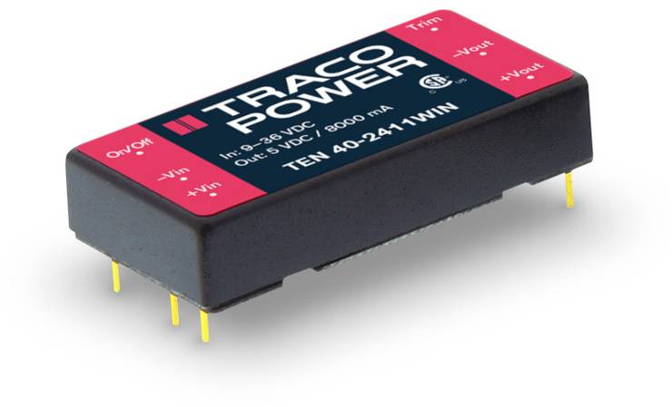 Un convertisseur de tension rectangulaire de 'TRACO POWER' pour appareils électriques. Spécifications : Entrée 9-36 VDC, Sortie 5 VDC, 8000 mA.