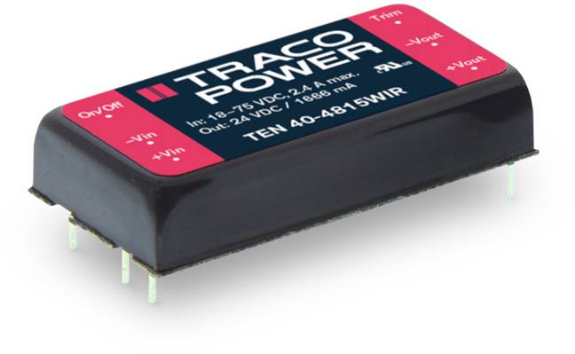 Un transformateur rectangulaire noir portant l'inscription 'TRACO POWER'. Données : Entrée 18-75 VDC, Sortie 24 VDC, 40 W.