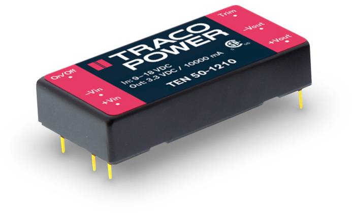 Module électronique rectangulaire de Traco Power portant l'inscription 'TEN 50-1210', entrées et sorties marquées.
