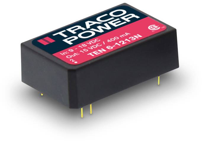 Module électronique noir rectangulaire portant l'inscription « TRACO POWER ». Entrée 9-18 VDC, sortie -15 VDC/400 mA. Modèle TEN 6-1213N.
