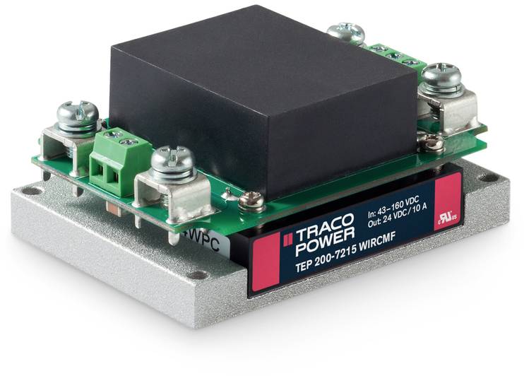 Un convertisseur de tension électronique rectangulaire de TRACO Power, modèle TEP 200-7215 WIRCMF, avec des connexions et un boîtier noir.
