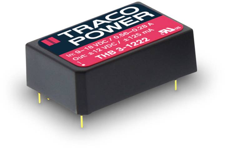 Composant électronique de Traco Power, modèle THB 3-1222, avec une plage d'entrée de 9-18 VDC et une sortie de 12 VDC / 0,25 A.