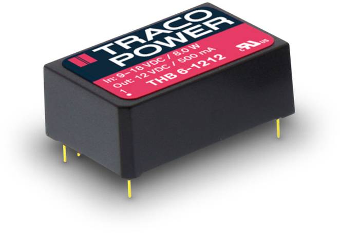 Convertisseur de tension de TRACO POWER avec plage d'entrée de 9-18 VDC et sortie 12 VDC, 500 mA. Modèle THB 6-1212.