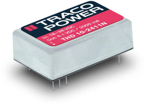 Un composant électrique gris, avec 'Traco Power' en blanc sur une étiquette rouge. Entrée 18-36 VDC, sortie 5,1 VDC, 2000 mA. Modèle THD 10-2411N.