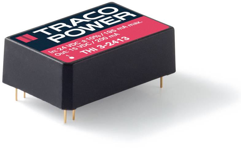 Un module d'alimentation Traco avec l'inscription '24 VDC ±10%/196 mA max, Sortie : 15 VDC/200 mA max, THI 3-2413', avec quatre broches en dessous.