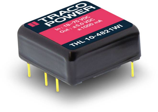 Petit convertisseur de tension noir avec texte 'TRACO POWER', Entrée : 18-75 VCC, Sortie : ±50 VCC, ±1000 mA, Modèle THL 10-4821WI.