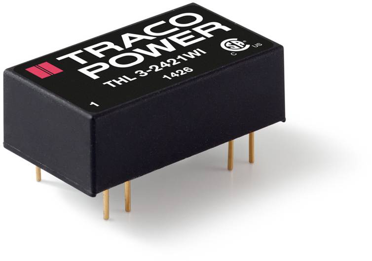 Composant électronique noir portant l'inscription 'TRACO POWER THL 3-2421WI', doté de quatre broches dorées à sa base.