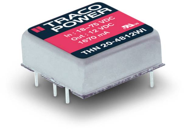 'TRACO POWER THN 20-4812WI', un convertisseur électronique DC-DC, présente une tension d'entrée de 18-75 VDC et une sortie de 12 VDC, 1670 mA.