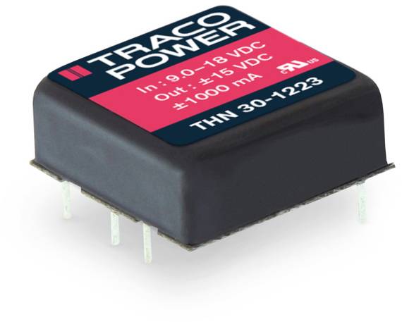 Un module d'alimentation Traco Power, THN 30-1223, avec une plage d'entrée de 9-18 VDC et une sortie de ±15 VDC. Utilisé dans les systèmes électroniques industriels.