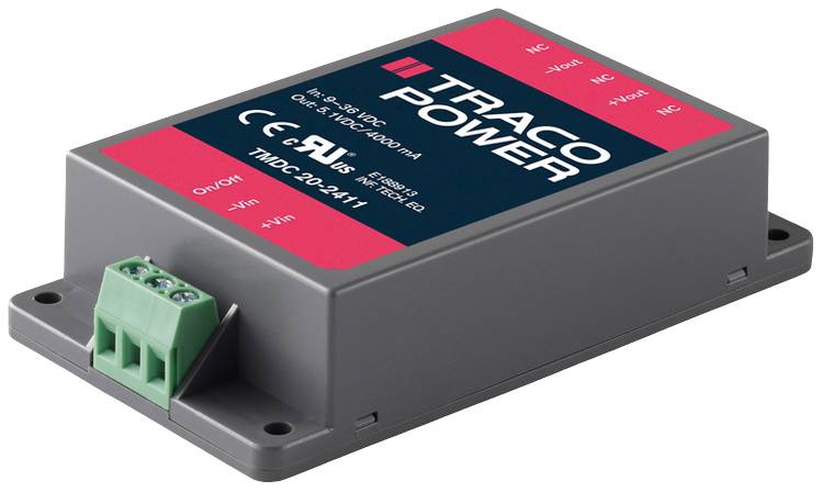 Convertisseur de tension de la marque Traco Power, numéro de modèle TML30-2411, avec quatre bornes de connexion et marquage CE sur le dessus.