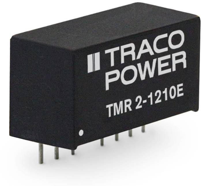 Convertisseur de tension Schwarzer Traco Power modèle 'TMR 2-1210E', forme rectangulaire, avec broches métalliques à la base.
