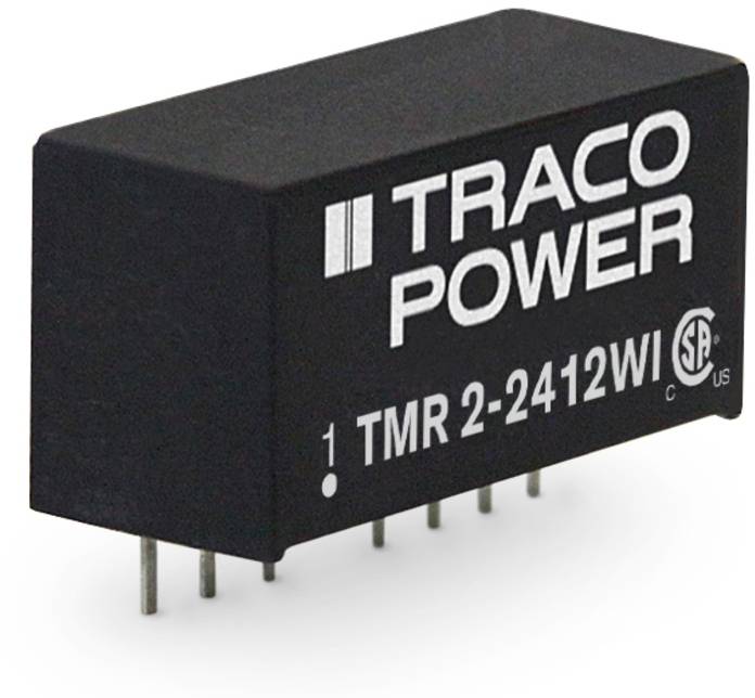 Un composant électronique noir portant l'inscription 'TRACO POWER 1 TMR 2-2412WI'. Il possède plusieurs broches de connexion sur sa face inférieure.