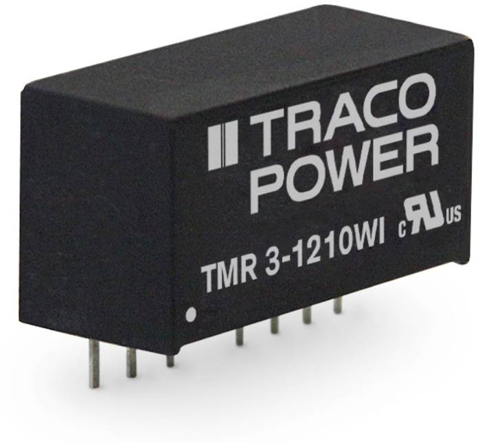 Un composant électronique noir de Traco Power portant la référence 'TMR 3-1210WI'. Ce module est doté de six broches métalliques.